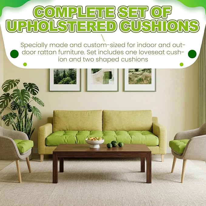 Barydat 3 Pack Wicker Furniture Cushions Waterproof Outdoor/Indoor Tufted Wicker Chair Cushions 1 Loveseat and 2 U-Shape Rattan Chairs for Patio Furniture, Rattan Love Seat, Bench (Grass Green)
