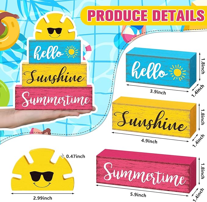 Summer Table Decor Hello Sunshine Wooden Block Sign Farmhouse Summertime Beach Tiered Tray Decor Rustic Table Centerpieces Summer Decorations for Home Desk Shelf Mantle Office Decorations