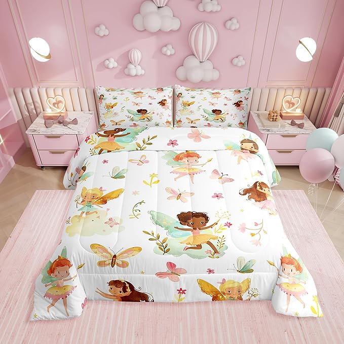 Erosebridal Fairy Full Comforter Set for Girls - Butterfly & Floral Bedding Set for Kids, Cute Pink Flower Fairies Garden Quilt | Girly Princess Bedroom Decor with 2 Pillowcases