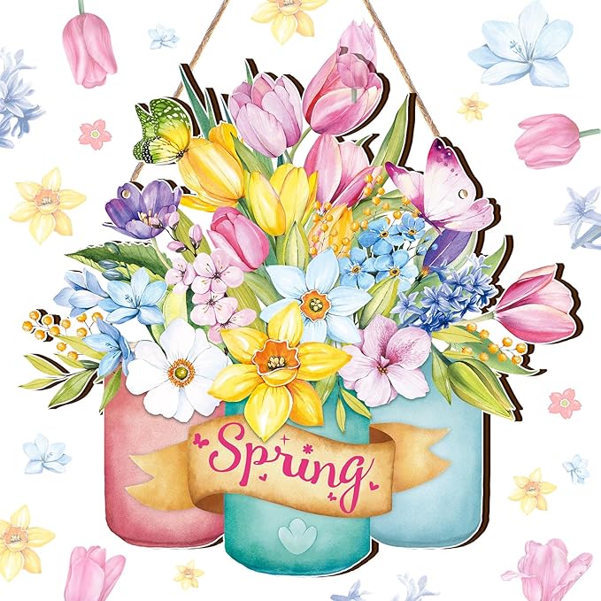Juexica Spring Decorations for Home Spring Wreaths for Front Door Welcome Sign Door Hanger Decorations Rustic Flower Wall Decor for Easter Party Outdoor Indoor Decor