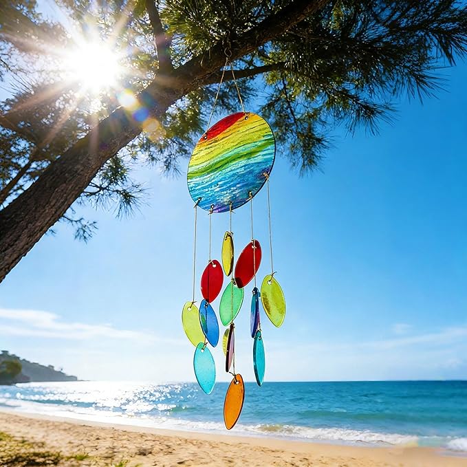 YU FENG Rainbow Stripe Double Disc Glass Wind Chime - Colorful Hanging Decor for Patio, Window & Garden