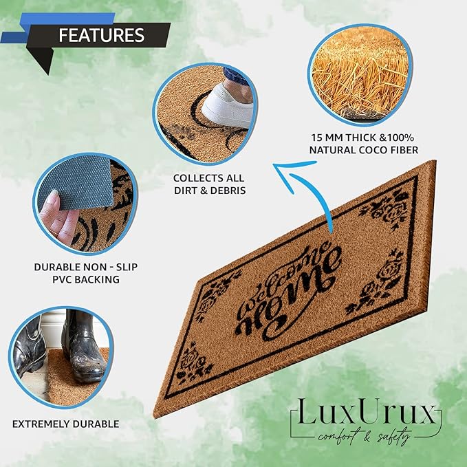 LuxUrux Welcome Mats Outdoor Coco Coir Doormat, with Heavy-Duty PVC Backing - Natural - Perfect Color/Sizing for Outdoor/Indoor uses, 17 x 36 Inches.