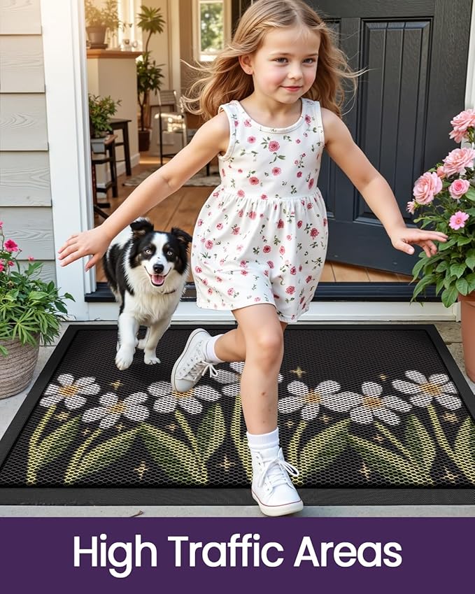 DEXI Front Door Mat Outside Entrance, Spring Entryway Doormat Dirt Trapper, Heavy Duty Non Slip Entry Mats for Patio Garage Porch Home Decorative, 32x48, Black