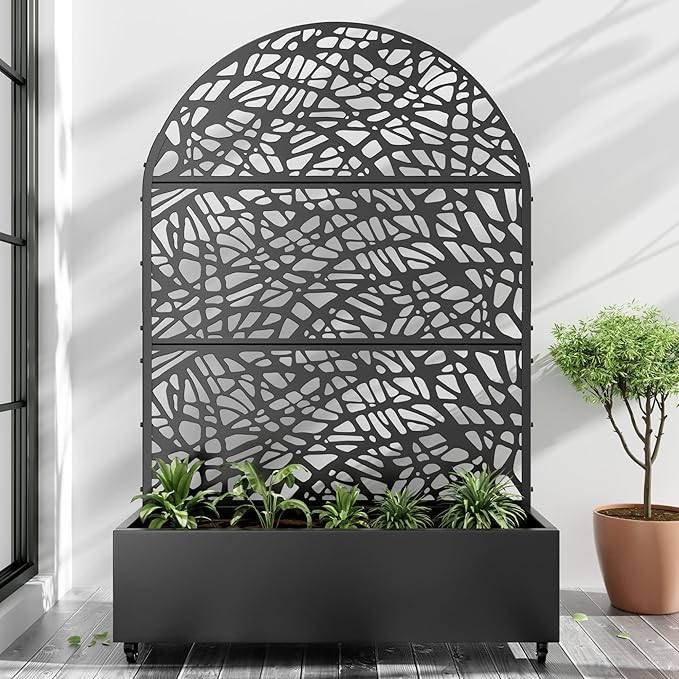 Casaphoria Metal Raised Garden Bed with Trellis and Wheels, 72"x47"x16" Planter Box for Climbing Plants, Vegetables & Vines, Features Drainage Holes and Privacy Screen (Black-Net)
