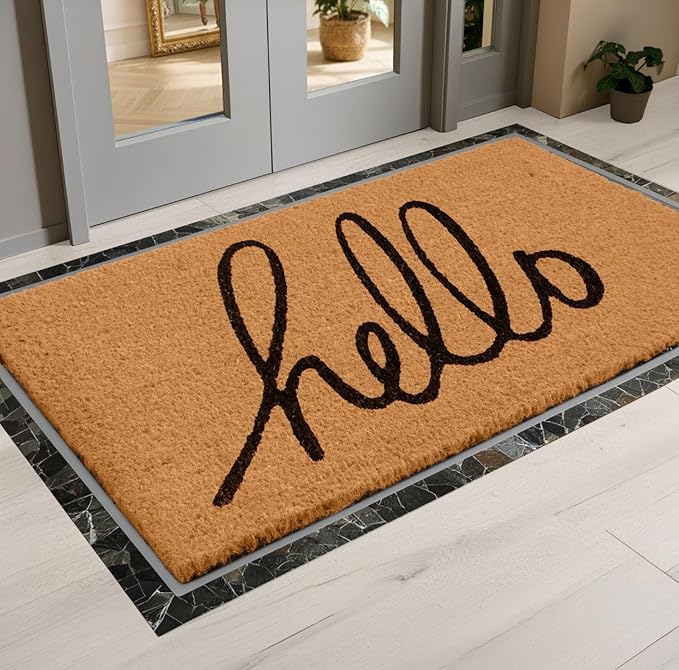 Extra Large Coir Door Mat 3x5 Ft – “Hello” Front Door Mat – Heavy Duty Natural Coconut Fiber Outdoor Entryway Rug, Non-Slip Backing