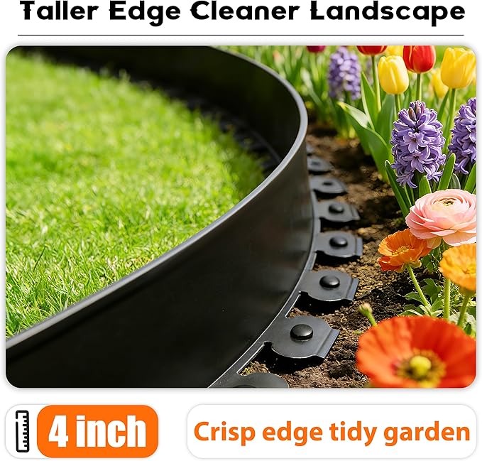 4 inch Tall Landscape Edging Kit 60FT Garden Edging with 120 Spikes for Lawn Edging and Flower Beds (Black, 60FT)