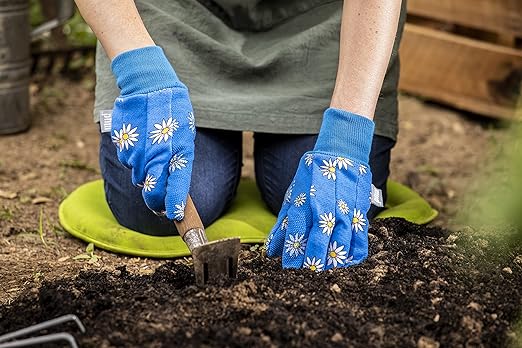 MUD Basic Women's PVC Dotted Palm And Daisy Printed Jersey Garden Glove, Extreme Comfort, Excellent Grip, Durable Wear, Blue, Medium/Large (M61001B-WML),MD61001B-WML (Pack of 3)