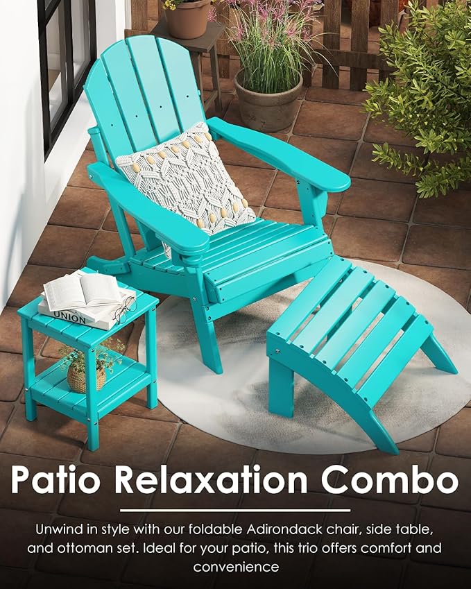 GREENVINES Folding-Adirondack-Chair | HDPE Plastic | Fire Pit Chairs | All Weather | Cup Holder | Aqua | for Deck Backyard Patio Outdoor Garden
