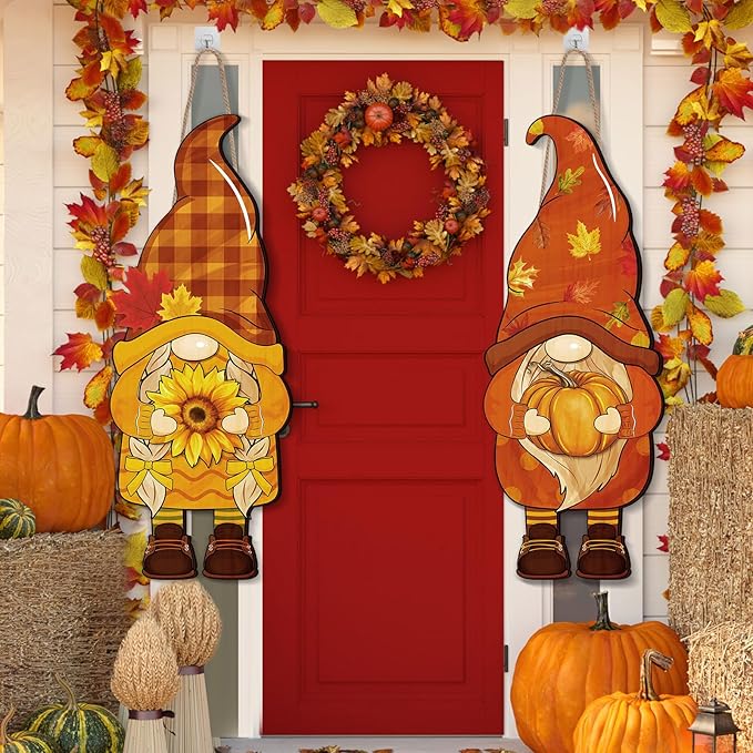 Thyle 2 Pcs Wooden Thanksgiving Gnome Sign 27 x 10 Inch Fall Hanging Gnome Front Door Decor Pumpkin Sunflower Welcome Sign for Fall Outdoor Indoor Front Porch Harvest Home Farmhouse Wall Supplies