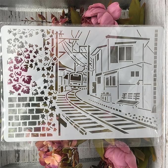 TIAMECH A4 Reusable Railway Train Stencil for Painting - Town House Layering Template, DIY Wall Art, Wood Furniture, Scrapbook & Crafts (8.3x11.7inch)