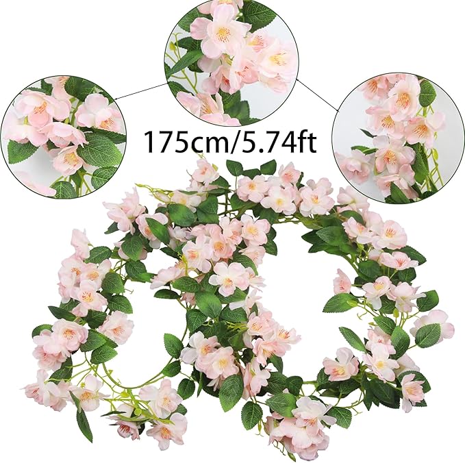 CISDUEO Artificial Cherry Blossom Flower Vine Hanging Champagne Cherry Blossom Flower Silk Garland Hanging Vines Faux Flowers for Outdoors Spring Wedding Party Home Table Centerpiece Arrangement Decor