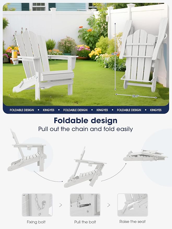 KINGYES Folding Adirondack Chair Set of 2, HDPE All-Weather Patio Chairs with Cup Holder, Wooden Textured Fire Pit Chairs for Poolside, Backyard, Deck, White