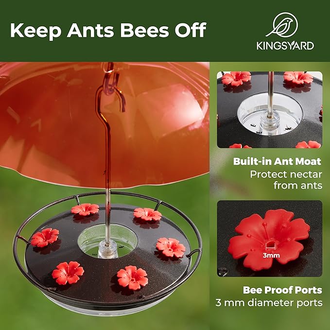 Kingsyard Weatherproof Hummingbird Feeder for Outdoors Hanging - Heavy Duty Metal lid with 6 bee Guard Feeding Ports & Circular Perch, Built-in Ant Moat, Easy to Refill & Clean (12oz/Black)