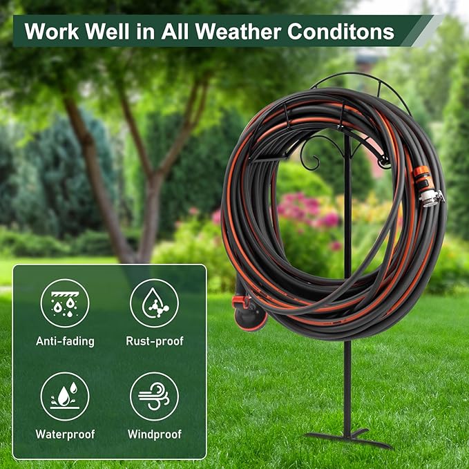 Freestanding Garden Hose Holder Stand – Heavy Duty Hose Hanger Stand, Outdoor Hose Organizer, Water Hose Stand Rack, Hose Butler Storage for Yard Lawn Garden（black）