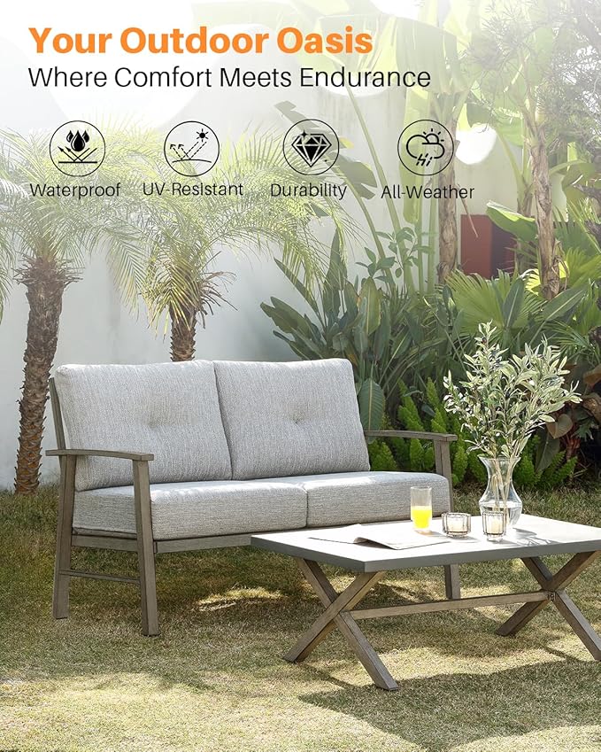 Patio Furniture Loveseat Sofa, Outdoor Aluminum Couch with 5.9'' Soft Cushion, All-Weather Outdoor 2 Seats Patio Furniture Sofa Couch for Garden, Poolside, Lawn, Limed Oak