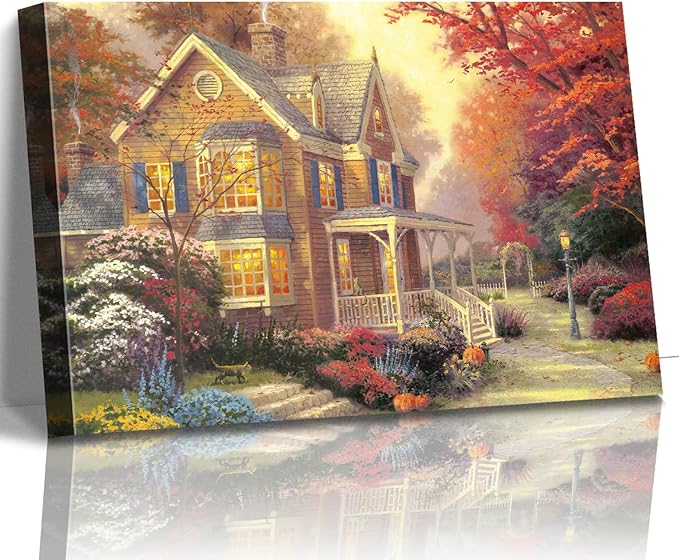 STUDIO HAVEN Thomas Kinkade Canvas Wall Art, Autumn Cottage with Glowing Windows Flower Garden Pumpkins and Cat Oil Painting Poster Cozy Fall Wall Decor, Framed Prints for Home Decor, 36x24Inch