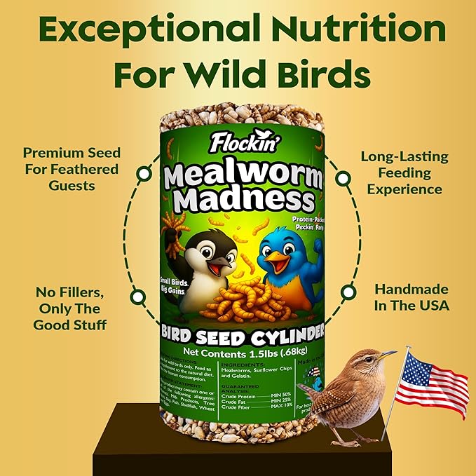 Mealworm Bird Seed Cylinders with Hole – Premium Mealworm Birdseed Log – Sunflower Chips & Dried Mealworms for Wild Birds – Natural High Energy Seed Cylinder – No Fillers – USA Made (4" x 7.75")