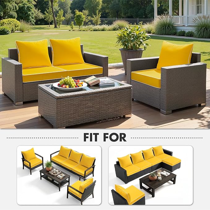 MIULEE Yellow Outdoor Seat Cushion 22x22 Inch Waterproof & 3 Year Fade Resistant Deep Seat and Back Cushion for Patio Furniture Chair Sofa Couch with Handle and Adjustable Straps