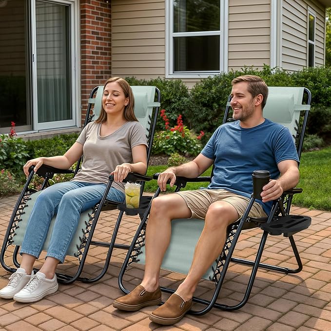 Magshion Zero Gravity Lounge Chairs Set of 2, Outdoor Patio Reclining Chair with Side Tray, Adjustable Anti-Gravity Recliners with Pillow Headrest, Folding Lounger for Lawn Camping Beach, Sage Green