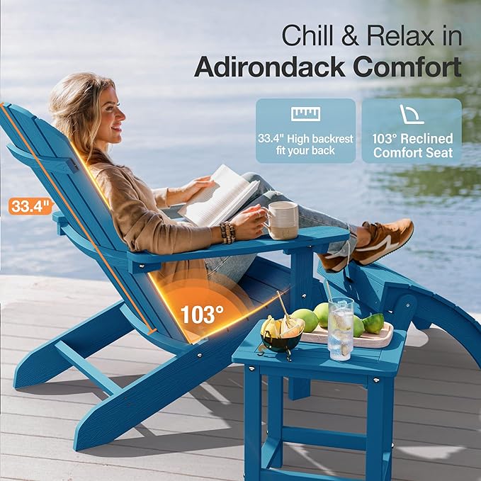YEFU Adirondack Chairs Set of 8: Outdoor Chair HIPS Plastic Adirondack Chairs - Patio Chairs with Wood Texture - Lawn Fire Pit Deck Porch Garden Chairs for Adults(Pacific Blue)