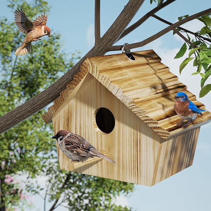 Auslar Bird House, Bird Houses for Outside, Wooden Birdhouse for Outdoors, Hanging Bluebird House for Cardinals Finch Wren Swallow for Wild Bird Viewing
