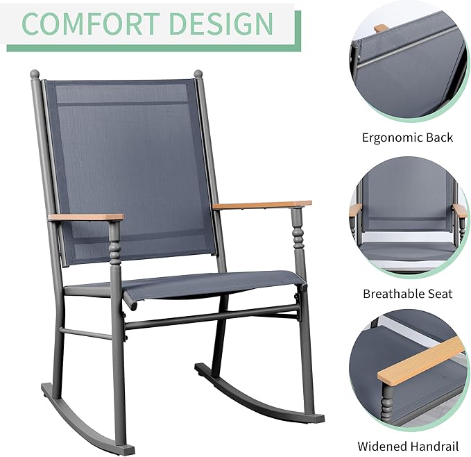 JY QAQA Outdoor Rocking Chair Set of 2, High Back All-Weather Patio Rocking Chairs with Breathable Back Rest, Ergonomic Design Porch Chairs for Porch, Garden, Balcony, Pool, Deep Gray