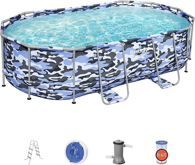 Bestway: Steel Pro Max - Oval Swimming Pool Set - 14' x 8'2" x 39.5, Blue Camo - Above Ground, Tritech Construction, Filter Pump, Ladder, 1,915 Gal.