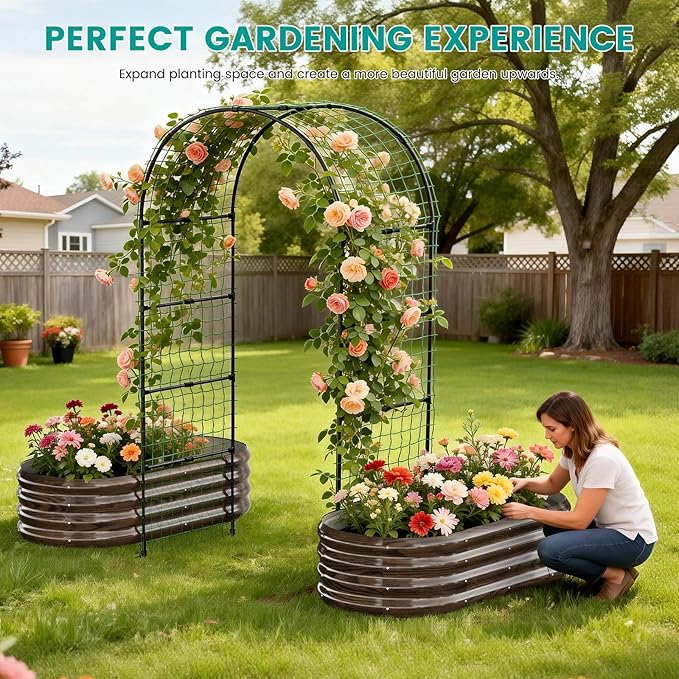 SUNYRISY Galvanized Raised Garden Bed with 87" H Arch Trellis for Climbing Plants Outdoor, Metal Planter Box with Netting for Gardening Flowers Vegetables Fruit Herb, Wood Grain