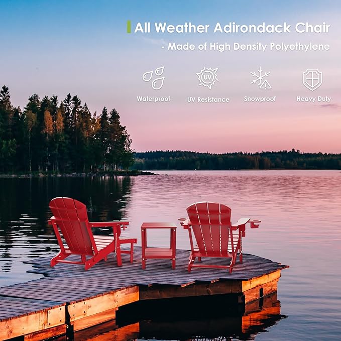 GREENVINES Adirondack-Chairs-with-Ottoman | Folding | Retractable-Footrest | HDPE Plastic | All Weather Fire Pit Chair | Cup Holders | Red | for Outdoor Poolside