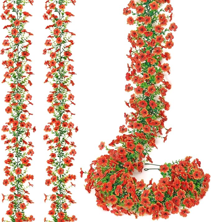 2 Pack Artificial Flowers Garland Ivy,Spring Summer Decor UV Resistant Fake Daisy Vines Floral Vine Silk Hanging Flower for Decor Home Garden Wedding Photo Booth Backdrop (Orange)