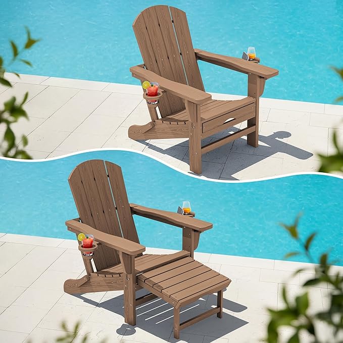 KINGYES Folding Adjustable Adirondack Chair with Ottoman & 2 Cup Holders, HDPE Recliner Adirondack Chair with Footrest, Brown