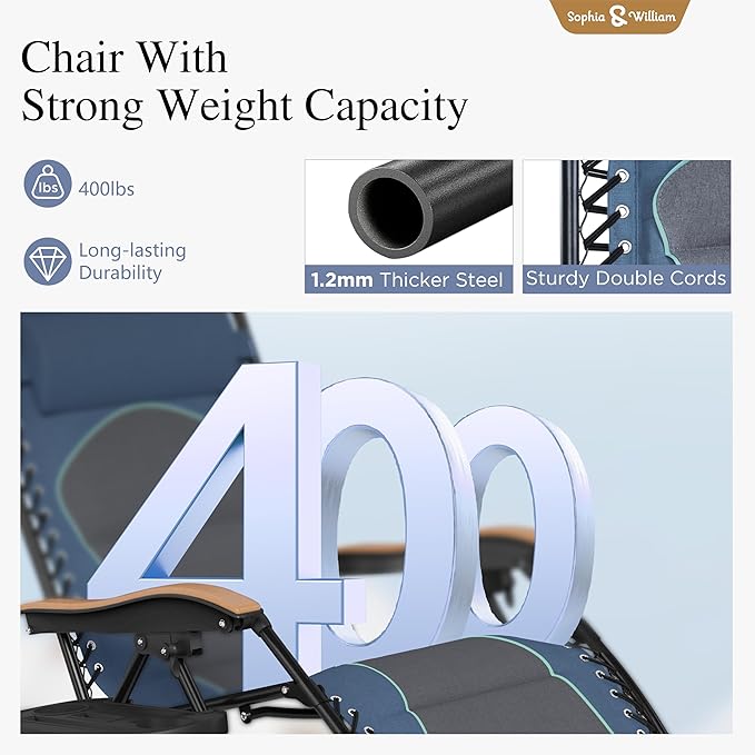 Sophia & William Oversized XXL Zero Gravity Chair Set of 2, Outdoor Recliner Zero Gravity Lounge Chair Outdoor Gravity Chair with Free Cup Holder, Supports 400 LBS (Blue)