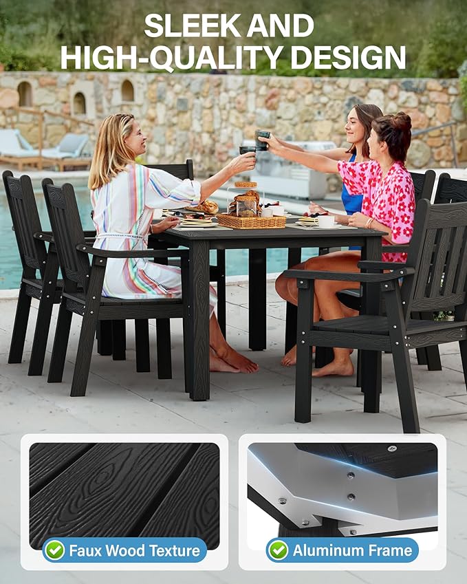 YEFU HIPS Patio Table Set: 7 Piece Outdoor Table and Chairs Dining Furniture Set with Umbrella Hole - Black Modern Plastic Dining Sets 6 Person for Outside Deck with Metal Aluminum Frame