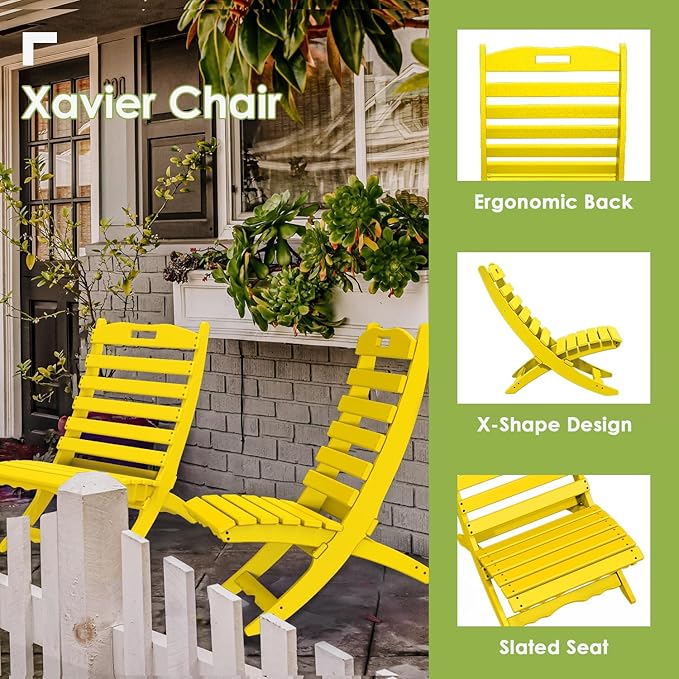 GREENVINES Folding-Xavier-Chair | Wave | Portable Adirondack-Chairs | HDPE Plastic | All Weather Fire-Pit Chair | Yellow | for Beach Outdoor Deck Poolside Garden Patio Porch Fishing