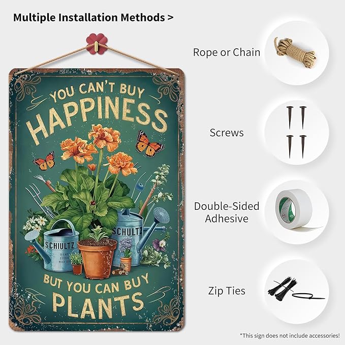 Gardening Gifts Vintage Garden Sign You Can't Buy Happiness But You Can Buy Plants Mental Signs for Outside Tin Sign for Greenhouse Bedroom Outdoor Yard Backyard Home Garden Art,8x12inch