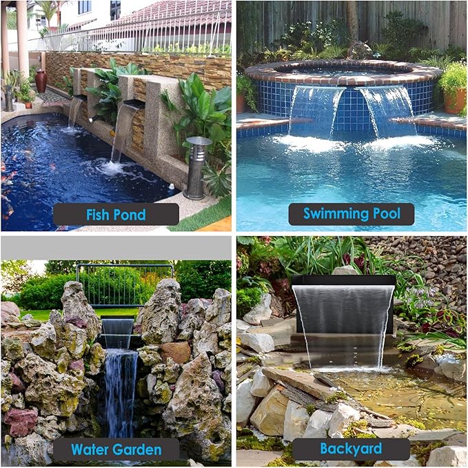 AquaMiracle All-in-1 Pond Waterfall Kit with LED Lights, 8" Stainless Steel Spillway with 660GPH Water Pump, Lighted Waterfall Fountain Outdoor for Water Garden, Backyard, Pool