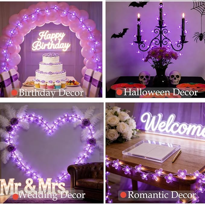 Decorative Connectable 33ft Purple Flower String Lights with 100 LEDs, Memory Function & 8 Modes. Perfect for Bedroom, Christmas, Weddings, Valentine's & Garden Indoor Outdoor Hanging Decorations