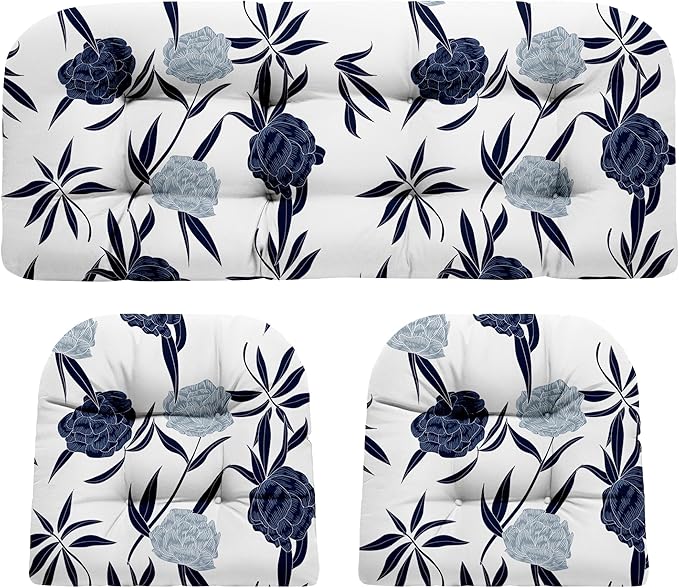 Wicker Chair Cushions, Waterproof Outdoor Loveseat Cushions for Patio Furniture, Tufted Wicker Furniture Cushions, 1 Loveseat and 2 U-Shaped Cushions (Blue Enchantress)