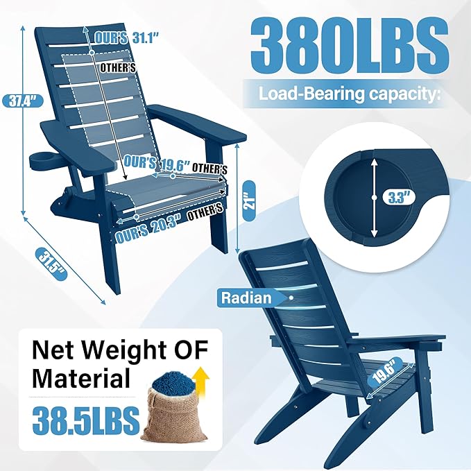 YEFU Oversized Folding Adirondack Chair: Plastic Outdoor Heavy Duty Fire Pit Chair with Comfort Arc Backrest & Cup Holder - All Weather HIPS Adirondack Chairs for Lawn Backyard Garden Navy