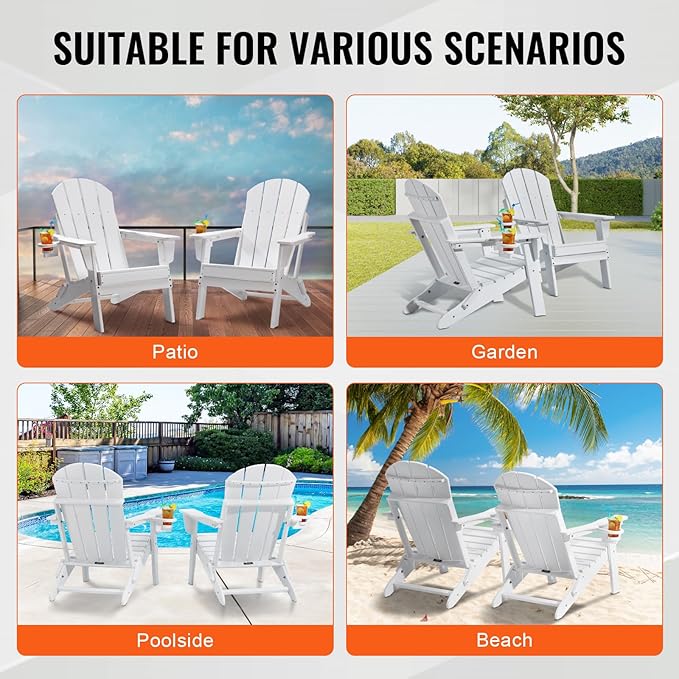 VEVOR Folding Adirondack Chairs Set of 2 with Cup Holder, All-Weather Portable Plastic Fire Pit Chair, Outdoor Adirondack Patio Chair, with Relaxing Arm Rest Ergonomic, for Garden, Backyard, White