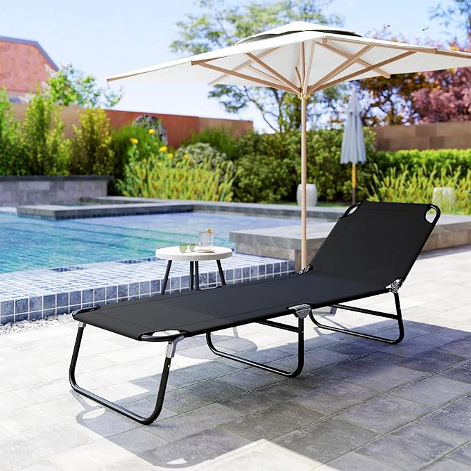 Outsunny Folding Chaise Lounge Pool Chairs, Outdoor Sun Tanning Chairs with 5-Level Reclining Back, Steel Frame for Beach, Yard, Patio, Black