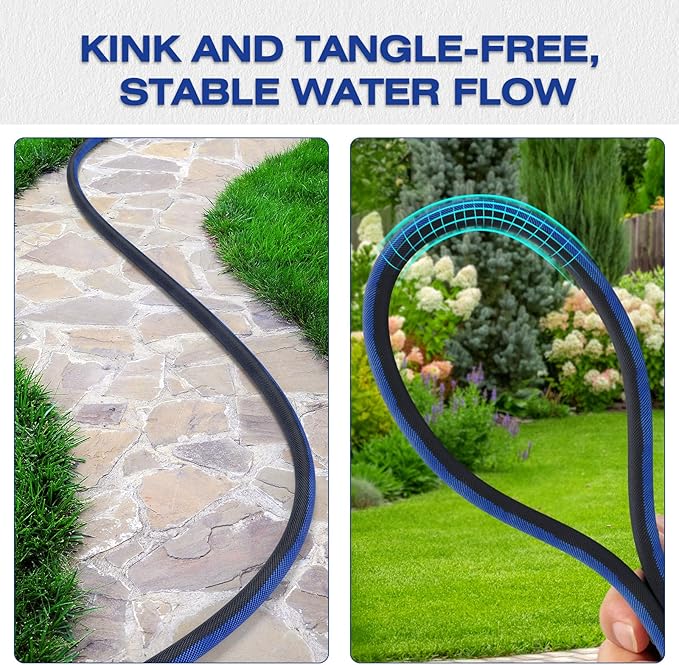 Ultra Lightweight 15FT Garden Hose - Heavy-Duty Kink-Free Flexible Hose, Non-Expanding Design with Aluminum Brass Fittings, Crush-Proof for Yard/Lawn/Outdoor Use(black-blue, 15 FT)