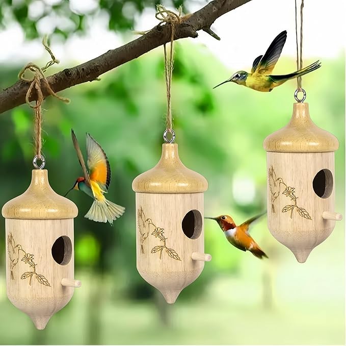 3 Pack Hummingbird House for Outdoors Hanging, Wooden Houses for Outside Nesting, Bird Houses for Garden Window Outdoor Home (Acorn Flowers and Birds)