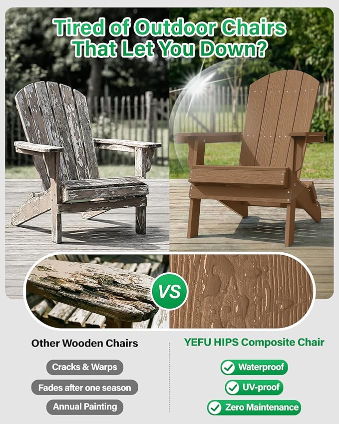 YEFU Adirondack Chair, Oversized Plastic Adirondack Chair Folding Outdoor Chairs with Cup Holder, Lawn Chair with Weather Resistant for Outside Deck Lawn Garden, Weight Capacity Up to 400 Lbs(Teak)
