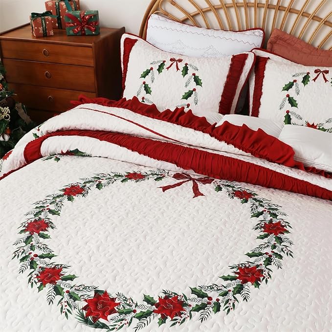 Cmfshape Poinsettia Floral Bedspread with 2 Pillow Shams-Queen Size,Patchwork Red Quilt Set 3 Piece,Christmas Bedding for Kids Women,Lightweight Reversible Bed Coverlet for All Seasons,Queen92 x96