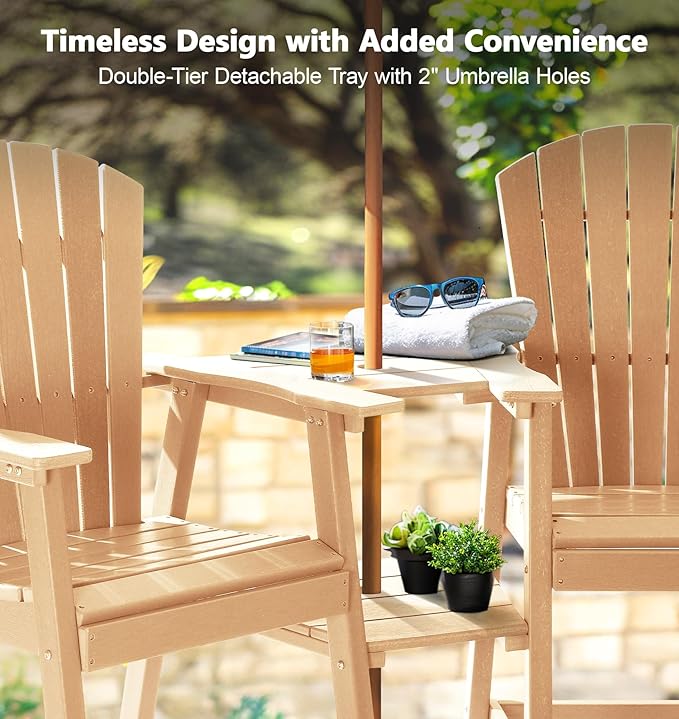 PASAMIC Tall Adirondack Chair Set of 2, All-Weather HDPE Outdoor Chairs with Removable Double Trays, Bar Height Adirondack Chairs for Balcony, Deck, Patio, Backyard, Wood