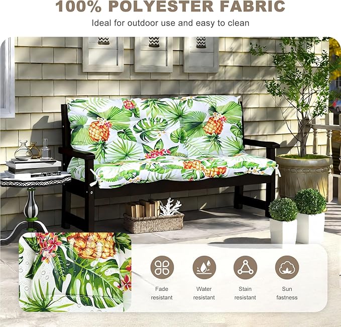 Porch Swing Cushion with Backrest,Waterproof Bench Cushion for Outdoor Furniture,2-3 Seater Replacement Thickened Swing Cushion with Ties,Patio,Outdoor,Backyard and Garden (Tropical Pineapple,47x40")