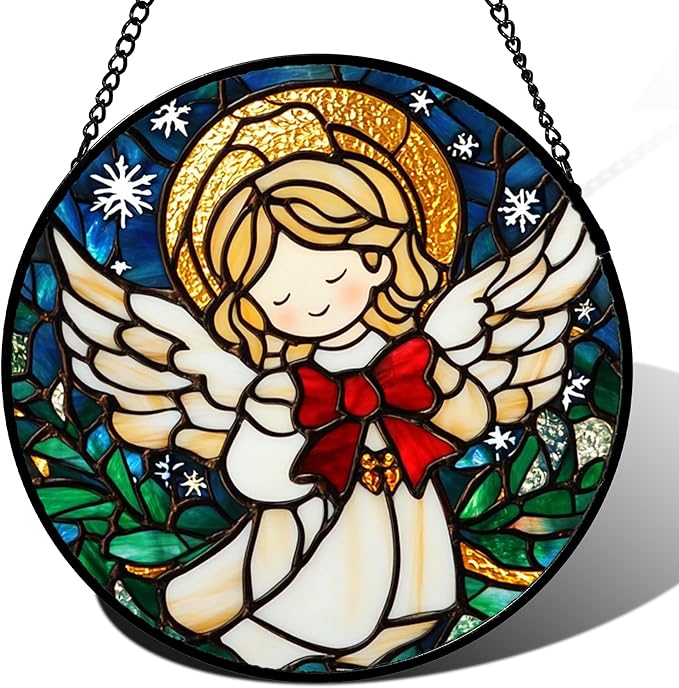 Stained Glass Window Hanging Christmas Cute Angel 6.3" - Green Plant Suncatcher Door Garden Sun Catcher Home Decor Birthday for Mom Men Woman Wife Friend Girl Nana