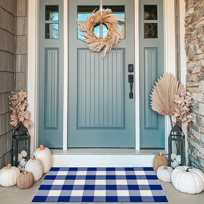 MUBIN Cotton Blue White Plaid Rug, 27.5''x 43'' Checked Outdoor Rug Front Door Decorative Mat, Hand-Woven Washable Reversible Foldable Rug for Front Porch, Entryway (43''L x 27.5''W, Blue White Plaid)
