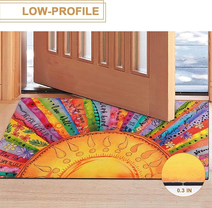 Likiyol Boho Sun Door Mat Outdoor Indoor, Colorful Floral Welcome Doormat with Inspirational Quotes for Front Door, Entryway, Non Slip Washable Rubber Door Rug, Low Profile, Absorbent, 18'' x 30''